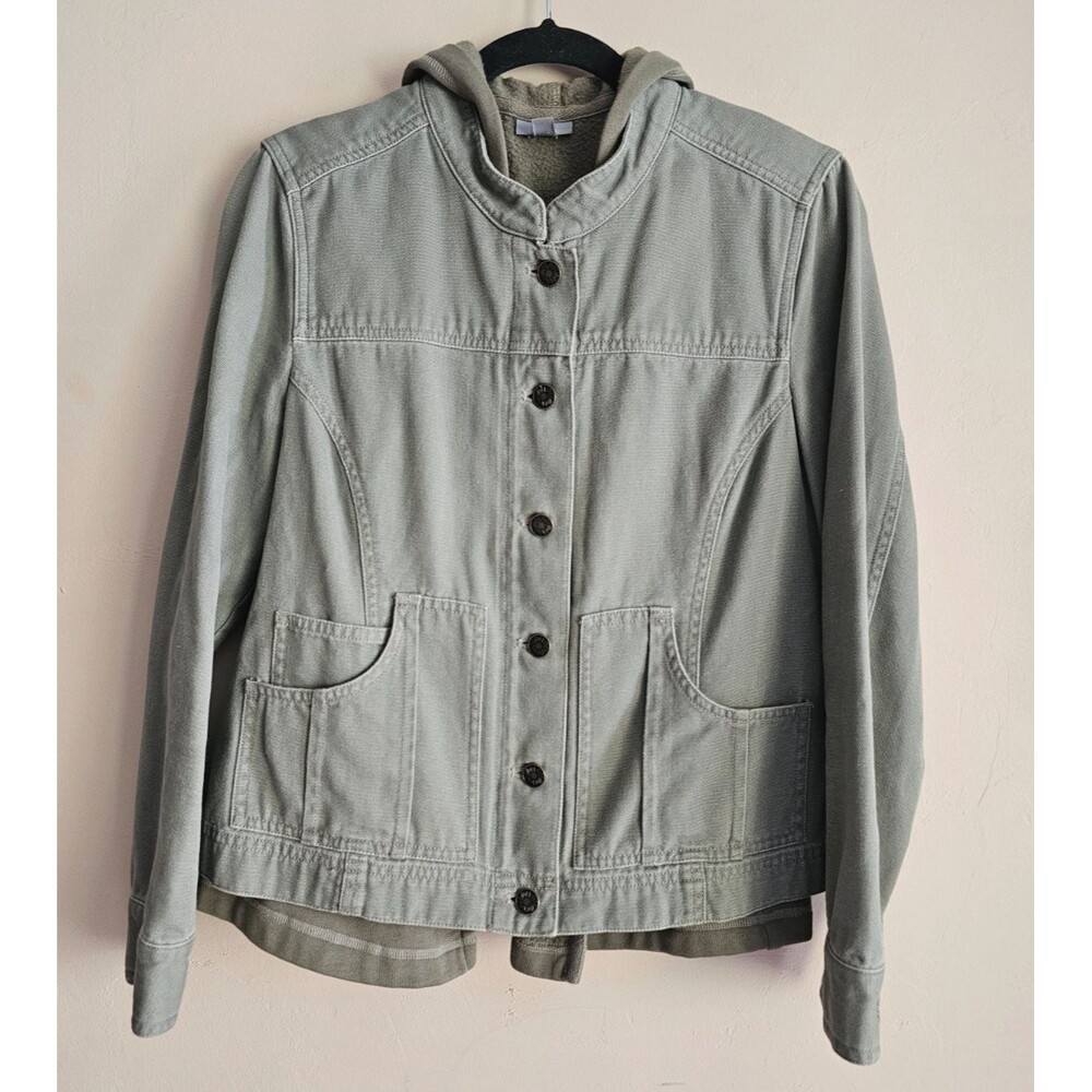 J Jill Jacket Small  Army Green Canvas Inner Liner With Hoodie  Pockets Short